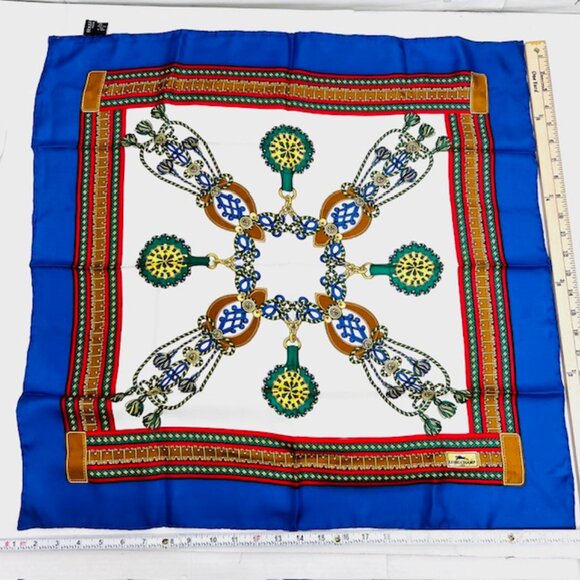 Paris Longchamp ,100% Silk satin scarf  26"x26" white blue red gold logo (3) - Picture 1 of 7